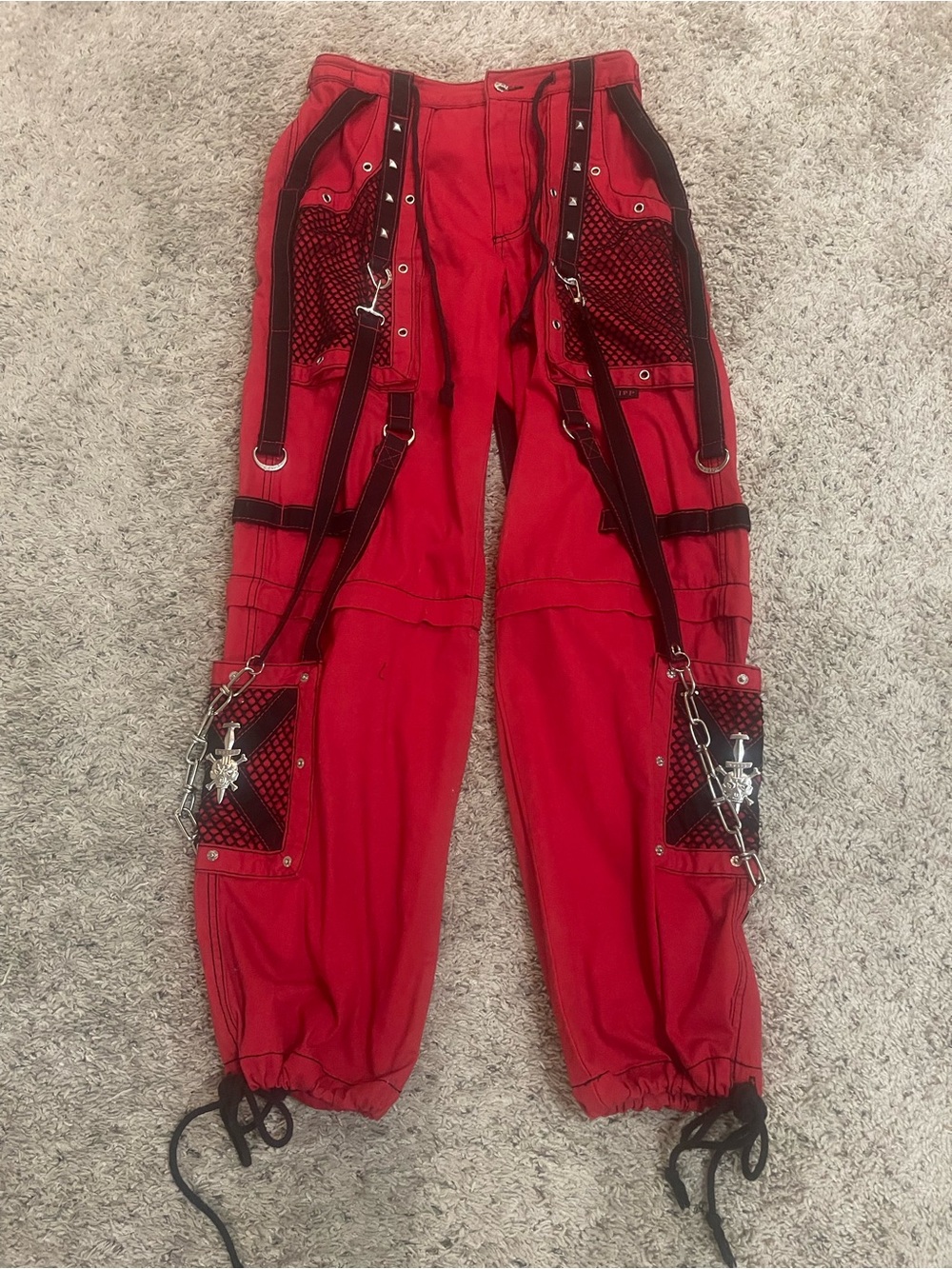 Tripp NYC Red Punk Cargo Pants with Chains & Straps